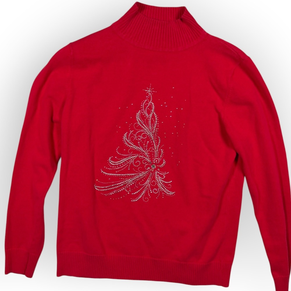 Christine Alexander Red Rhinestone Christmas Tree Mock Neck Sweater Small Ribbed
